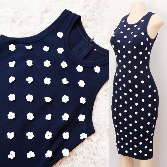 Michael Kors Navy Blue White Sequins Floral Rosette Embellished Knit Midi Dress - Picture 13 of 16